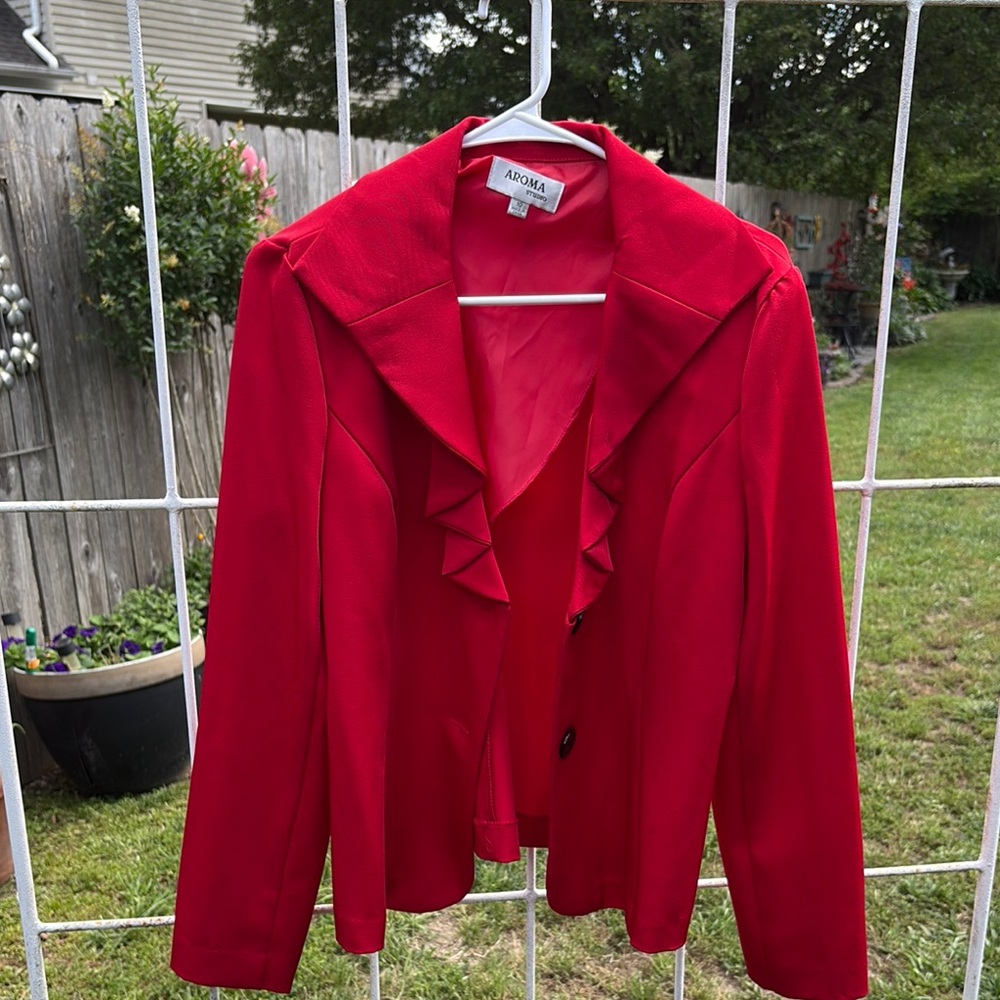 Aroma Red Blazer Velvet Ruffled Design
